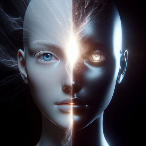 Prompt: a femalehead is split in the middle, on the left half is a light-skinned blue-eyed woman, on the right half is a dark-skinned brown-eyed woman, the two halves of the body fall apart, a bright light comes out of the gap, detailed, professional, futuristic lighting. 4k, artistic, impressive, beautiful, high contrast, expressive representation, enigmatic atmosphere, high resolution, detailed, mysterious, abstract, surreal, enigmatic, intricate details, ethereal, emotional, minimalist, deep shadows