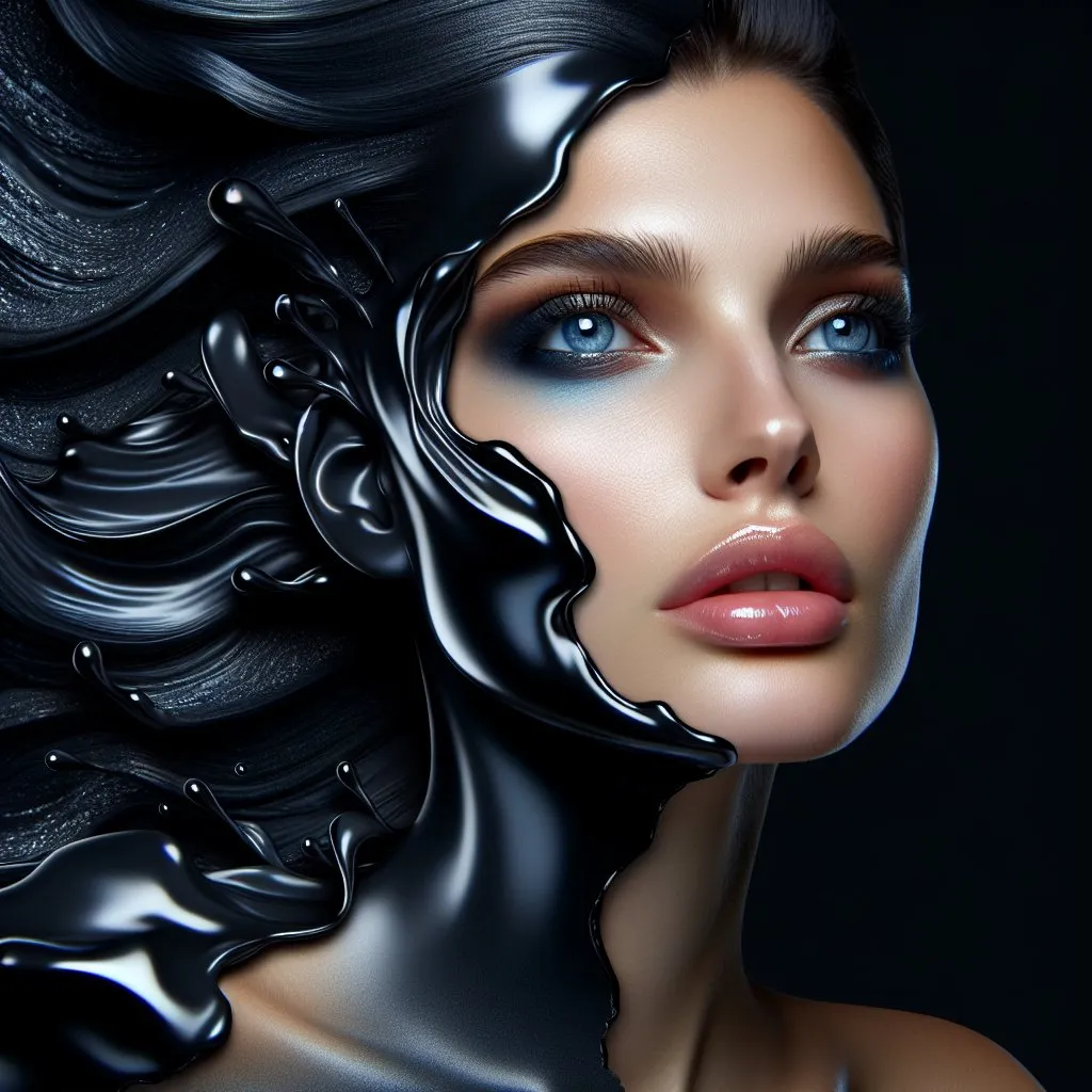 Prompt: 25 year old realistic glamorous white woman with blue flowing hair and blue eyes, she appears from a cracked sloping jet black shiny skin on her face and body