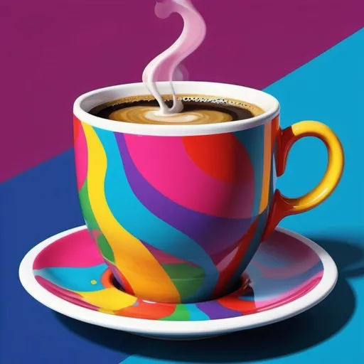 Prompt: Vibrant, pop art-style 3D rendering coffee cup, bold and contrasting colors, high quality, digital painting, Warhol-inspired, colorful, iconic design, exaggerated features, vivid colors, detailed brush strokes, modern, retro, artistic, bright lighting
