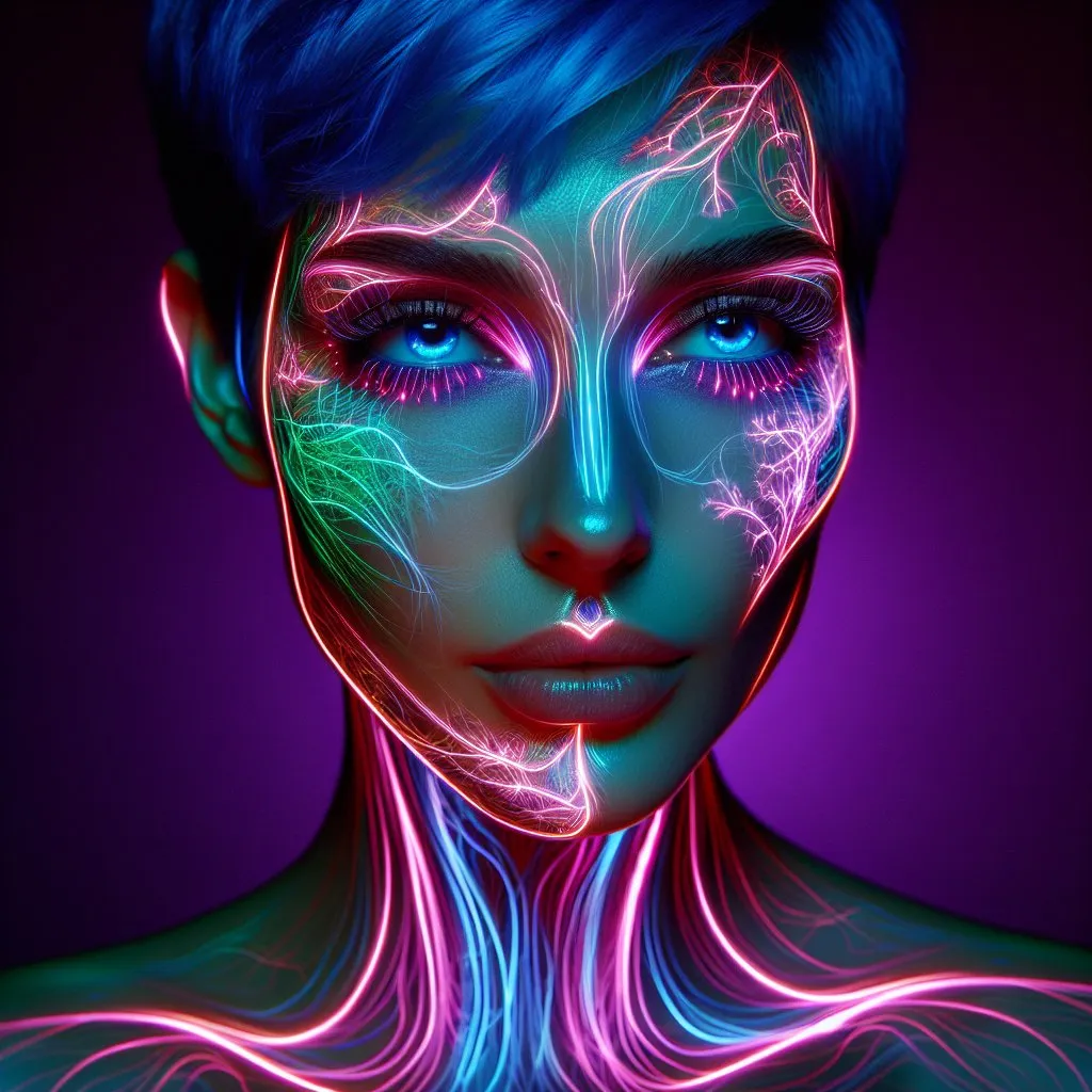 Prompt: a perfect light drawing of a woman's face, in which creativity is fused into a dazzling, exciting spectacle. the face is outlined with neon magenta-colored light, its interior has a green glowing structure that is constantly shifting and rearranging. the face is translucent and reveals its inner workings. the eyes are bright blue, the hair is short and blue.