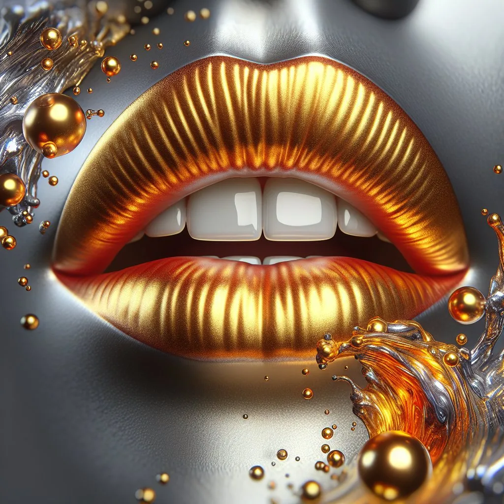 Prompt: Realistic representation of a woman's perfect lips, the mouth is a little bit open, sensual, white teeth can be seen a little, detailed representation of the beautifully sensual lips.
The lips are made of liquid flowing gold, it looks as if the liquid is constantly moving. The skin of the face is made of liquid silver.
Close-up from the front, focus on the lips, very realistic yet abstract, very realistic photo, HDR, 8k resolution