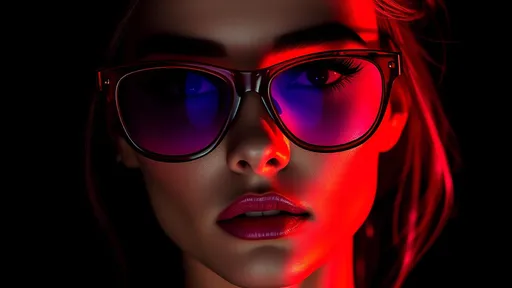 Prompt: (a mesmerizing image of a woman), (bright red and purple sunglasses ), stunning facial features, deep shadows emphasizing beauty, captivating gaze, (vivid colors standing out against a dark background), dramatic lighting enhancing allure, ultra-detailed, striking contrast, engaging texture, a truly captivating masterpiece, high-resolution, alluring ambiance, enchanting mood, showcasing elegance and style.