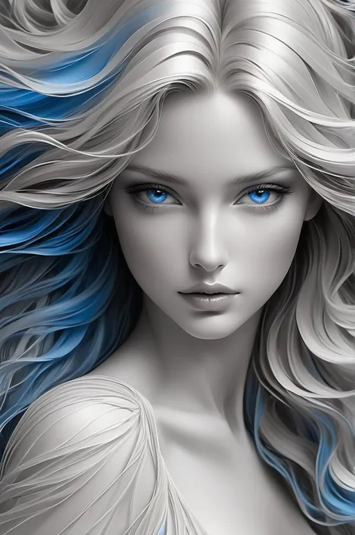 Prompt: Feminine beauty in monochrome, delicate lines show beauty and sensuality flowing through the figure's skin revealing what her beauty hides, Realistic fine long blue flowing hair and realistic detailed blue eyes, a multi-colored airbrushed background, highly detailed, intricate, gorgeous, 3D, extremely detailed, stunning, gorgeous, award winning, amazing view
