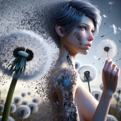 Prompt: Side view of a realistic woman with short blue hair and piercing blue eyes, in front of an enchanting dandelion, 8k, high quality, sharp focus, perfect lighting and shadows, detailed hair and facial features, realistic, mystical lighting, dandelion blows and the woman crumbles into dust which blows away backwards, the woman's face and body can only be seen in parts. Full body portrait, detailed dandelion,