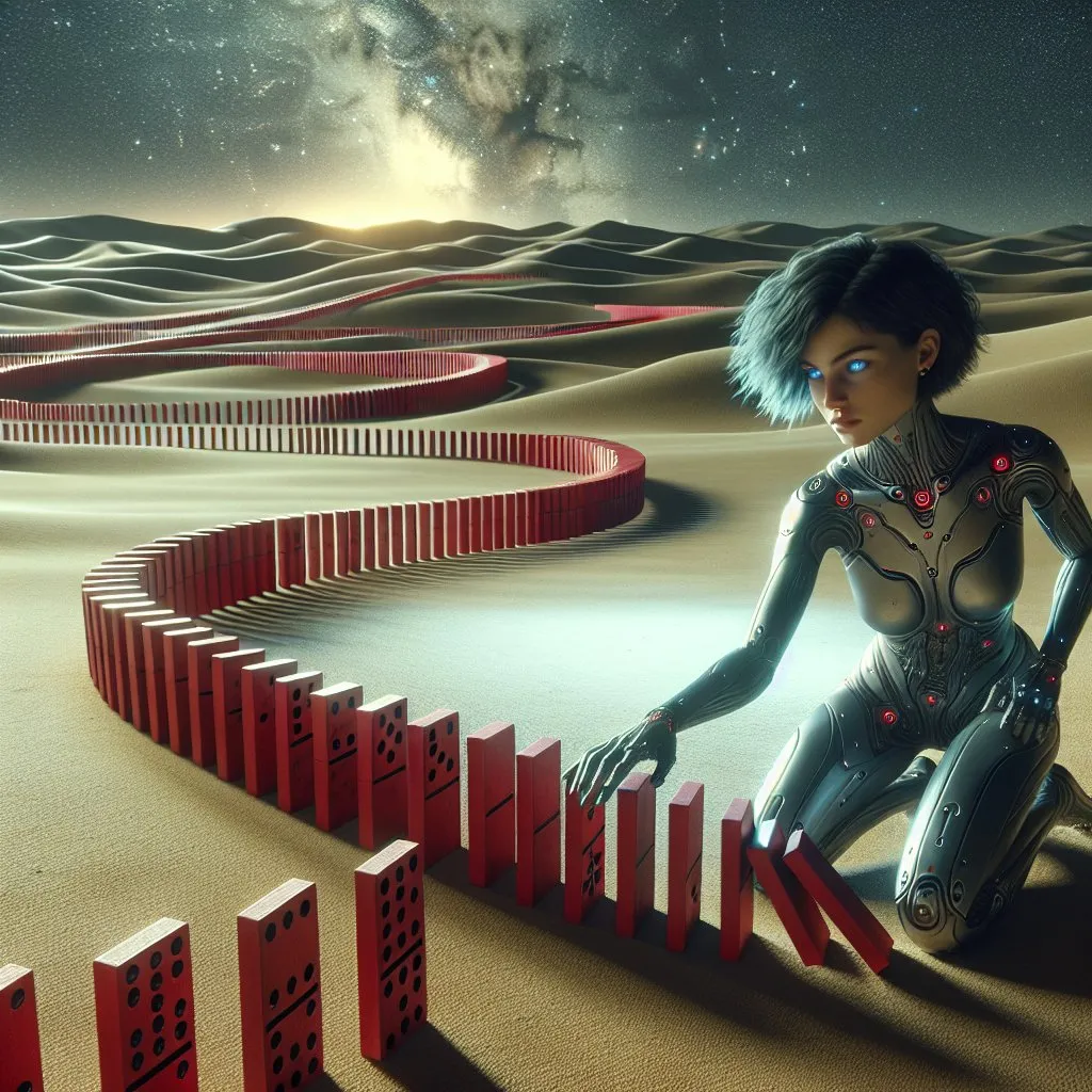 Prompt: In the desert at night, red dominoes seem to be built endlessly, all in a row, curving here and there, a futuristic, beautiful young woman with blue eyes and shaggy short blue hair crouches down next to them and puts the last domino in the row
HDR, photorealistic