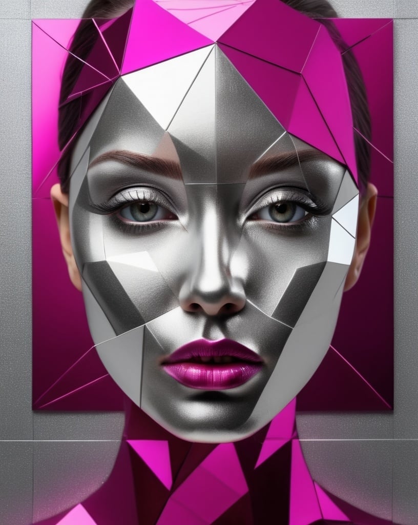 Prompt: A face made of geometric shapes, silver and magenta, a beautiful woman symmetrical composition, hyperrealistic, high resolution, large format camera, front view, with a mirror texture on the surface. The background is a wall composed entirely from squares. It has reflective surfaces that enhance its metallic sheen. This creates an abstract art piece with sharp edges and reflections, creating depth in every detail.