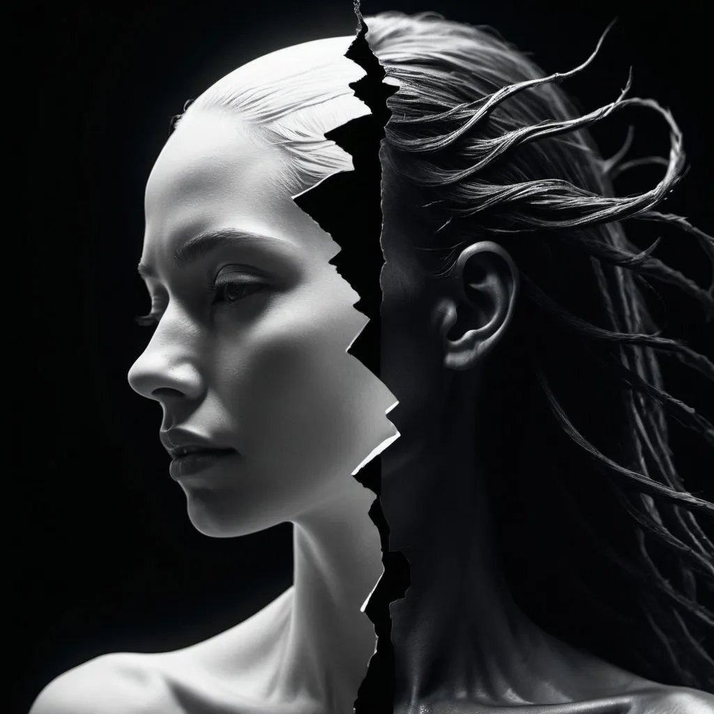 Prompt: a woman's head split in the middle, the left half of the woman is white, the right half of the woman is black, the two halves of the body are falling apart,, detailed, professional, futuristic lighting. 4k, artistic, impressive, beautiful, high contrast, detailed lines, expressive representation, enigmatic atmosphere, high resolution, detailed, mysterious, abstract, surreal, enigmatic, intricate details, ethereal, emotional, minimalist, deep shadows