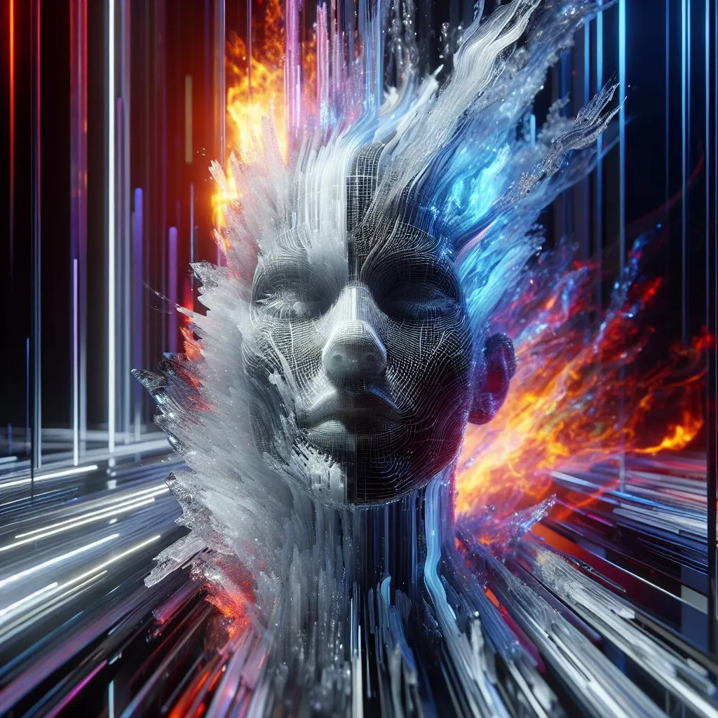 Prompt: 3D face of a dark-skinned woman made of transparent ice emerging from a black and white striped matrix, surrounded by a fire, bright colors, high quality rendering, surreal, digital art, intense lighting, fiery hues, detailed features, futuristic, abstract, surreal, 3D rendering, variable hues, high energy, dynamic composition