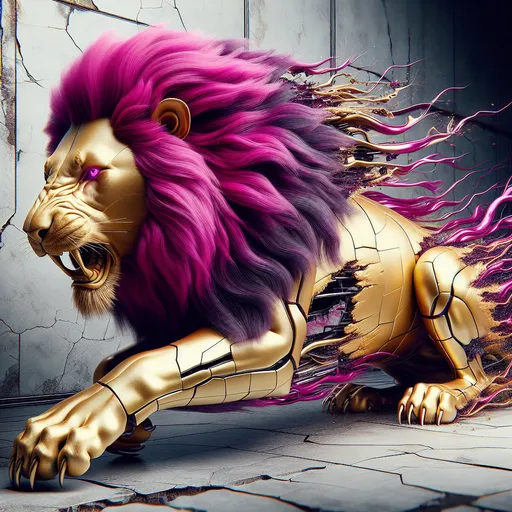 Prompt: realistic roaring lion with magenta mane coming out of cracked golden skin  body,  very detailed, realistic, futuristic, analytical art, detailed, artistic photo, high Quality, realistic style, futuristic broken background