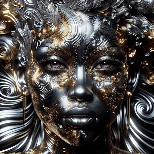 Prompt: gold silver-colored psychedelic pattern with a black woman face, 4k, open eyes, artistic, impressive, beautiful, high contrast, striking shadows, punk art, 3D rendering, silver gold colors, detailed patterns, gold sheen, high-quality, stunning visual, intense gaze, surreal atmosphere, metallic tones, futuristic punk, dynamic poses