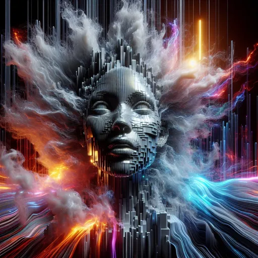 Prompt: 3D face of a black woman made of glass emerging from a black and white striped matrix, surrounded by a glowing mist, bright colors, high quality rendering, surreal, digital art, intense lighting, fiery hues, detailed features, futuristic, abstract, surreal, 3D rendering, variable hues, high energy, dynamic composition