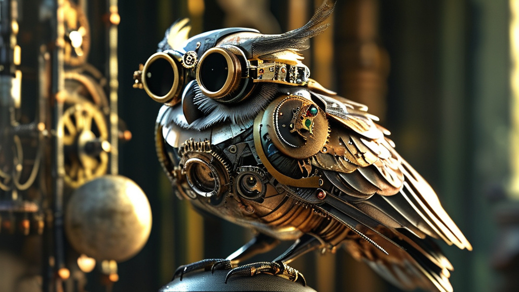 Prompt: (steampunk owl), intricately designed, mechanical elements, detailed gears, vintage goggles, mechanical wing, perched gracefully on an ornate vintage clock, atmospheric lighting casting golden hues, rich textures, a hint of whimsy and nostalgia, capturing the essence of steampunk artistry, ultra-detailed, high-quality, 4K resolution.