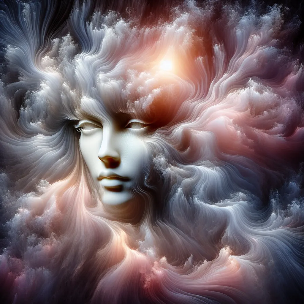 Prompt: Sculpture of a woman face made of a glowing mist, ethereal and delicate, glowing mist forming a female face with open eyes, transparent and airy, high quality, mystical, surreal, delicate shapes, translucent, artistic representation, soft lighting, pastel tones, detailed plumes, artistic, dreamy, fleeting, elegant