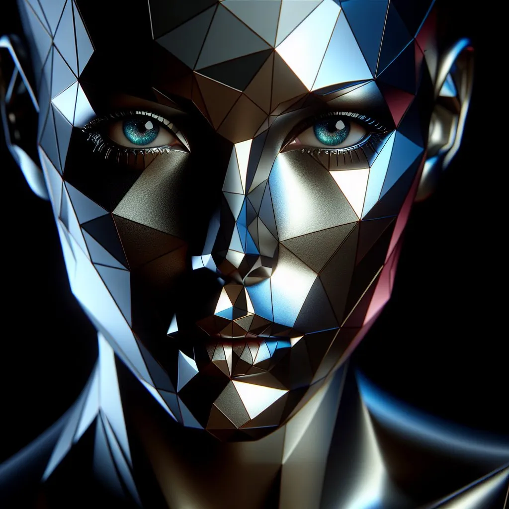 Prompt: Silhouette of polygonal woman's face, 4k, metal colored, open blue eyes, artistic, impressive, beautiful, polygonal design, high contrast, striking shadows, modern art