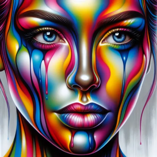 Prompt: a woman with a multicolored face painted on it's face and eyes with a dripping paint drip, psychedelic art, an airbrush painting