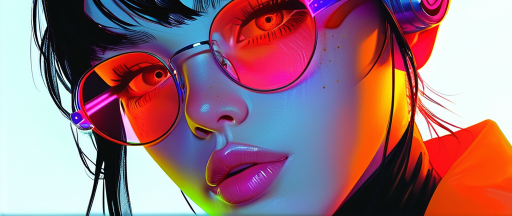 Prompt: (woman with glasses), (science fiction style), white background, crisp anime lines, rounded corners, electric color palette, vibrant neon hues, glitch art elements, glitchy lines, high contrast, dynamic composition, ultra-detailed, futuristic aesthetic, sleek and modern design, captivating visual impact, juxtaposed textures, imaginative and otherworldly feel.