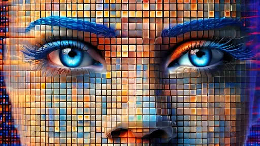 Prompt: 3D face of a woman with blue eyes and blue hair made of glass emerging from a digital matrix of small squares, enveloped in a glowing mist, vibrant colors, high quality rendering, surreal, digital art, intense lighting, fiery hues, detailed features, futuristic, abstract, surreal, 3D rendering, variable hues, high energy, dynamic composition