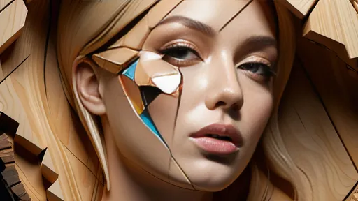 Prompt: 3D render of a woman's face broken in half by wood, woman with blonde hair, showcasing futuristic realism, poured paint aesthetics, darkly detailed features, chic illustrations, fragmented figures, and graceful sculptures, all presented in a cracked style, background modern