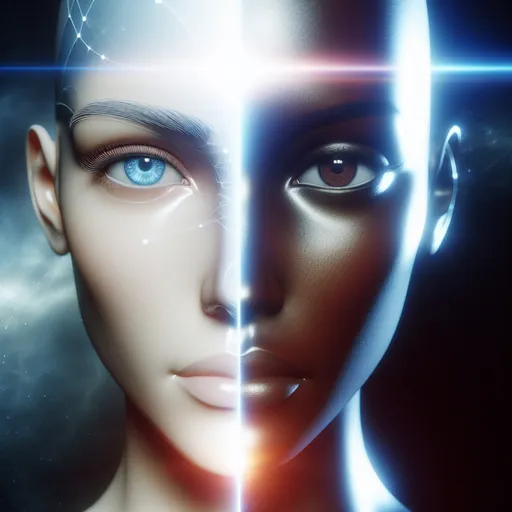 Prompt: a female head is split in the middle, on the left half is a light-skinned blue-eyed woman, on the right half is a dark-skinned brown-eyed woman, the two halves of the head fall apart, there is a large gap on the forehead, there is a smaller gap on the neck, a bright light comes from the wide gap, detailed, professional, futuristic lighting. 4k, artistic, impressive, beautiful, high contrast, expressive representation, enigmatic atmosphere, high resolution, detailed, mysterious, abstract, surreal, enigmatic, intricate details, ethereal, emotional, minimalist, deep shadows