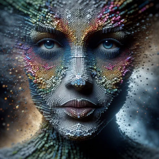 Prompt: woman's face made of very small octagonal mosaic stones, the mosaic stones have different neon colors, she looks to the front, the eyes look realistically blue and detailed, towards the back the mosaic stones dissolve and leave a cloud of dust that forms the background