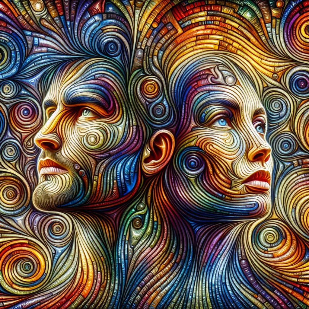 Prompt: multi metal colored psychedelic pattern with a Europe man and woman full body, 4k, open eyes, artistic, impressive, beautiful,, high contrast, striking shadows, modern art