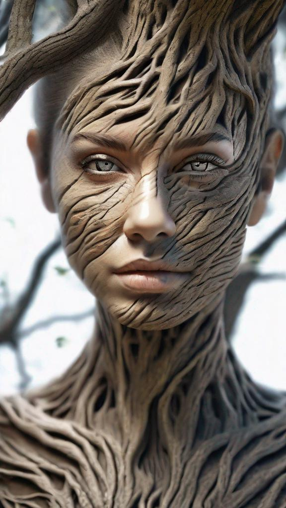 Prompt: Realistic, detailed, beautiful, woman's portrait, the woman's body has grown into a tree, her body can be seen, a fusion of the woman and the tree, detailed glowing eyes, intricately structured, her skin is tree bark,, hyper-detailed, ultra-sharp 3D Rendering, focus face,