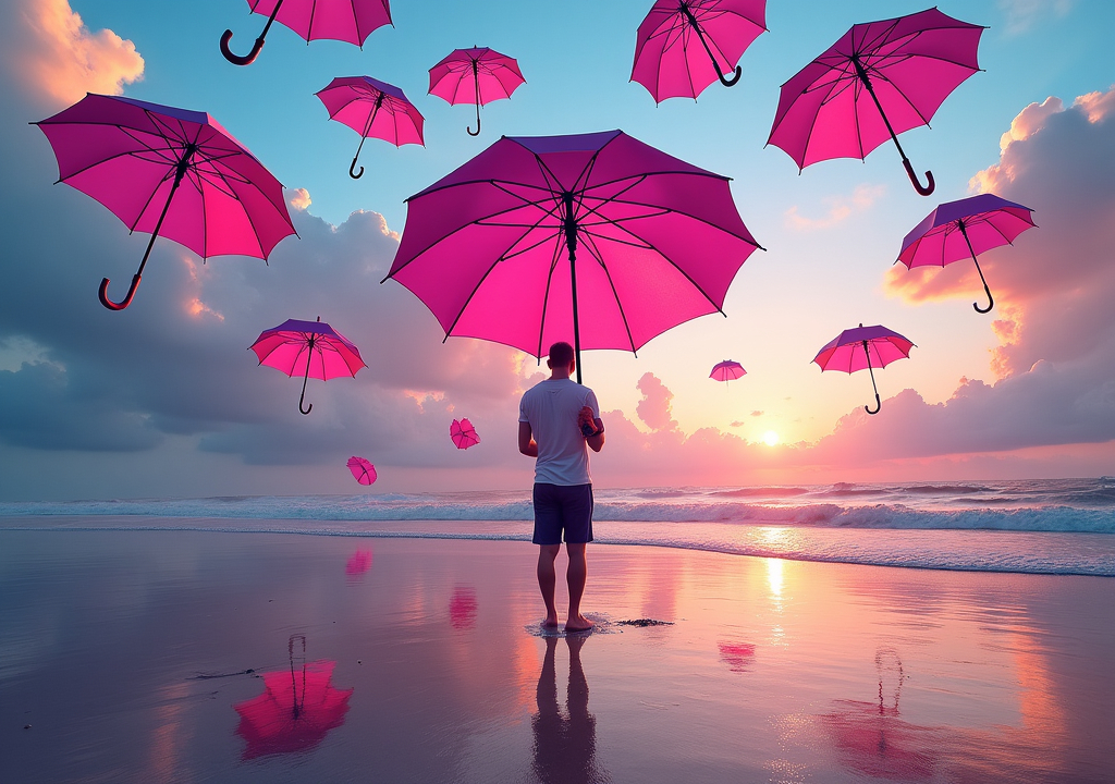 Prompt: (man holding umbrella on beach), (detailed surrealism), flying magenta umbrellas, multicolored sky, movie poster, atmospheric lighting, (high quality, ultra-detailed), surreal photography style, intricate details in the environment, ethereal beach setting, whimsical elements, evocative mood, dramatic light contrasts, captivating composition, dreamlike atmosphere.