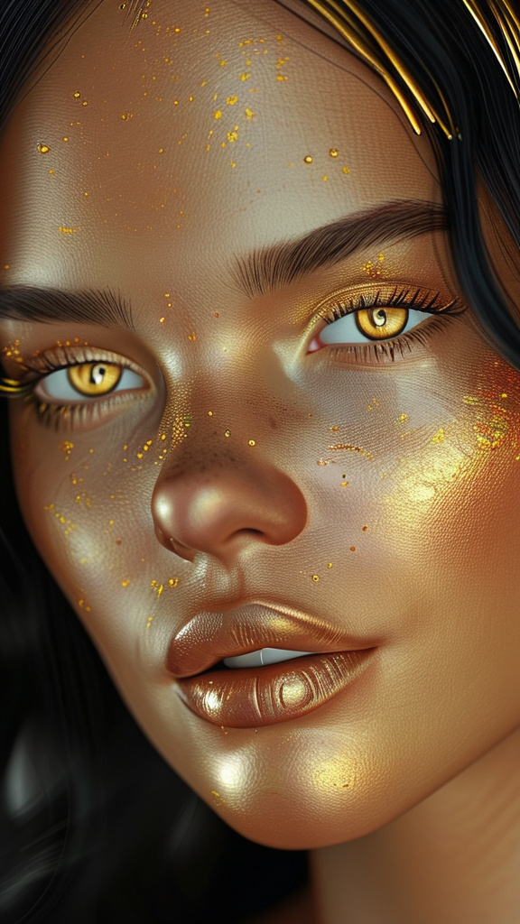 Prompt: Realistic, Detailed, Beautiful colorful women full body Portrait, modern, small golden needles in the Skin, detailed golden eyes, Intricately Structured, small golden needles, Surreality, Hyper Detailed, Ultra Sharp 3D Rendering, Focus Face, Top Shot