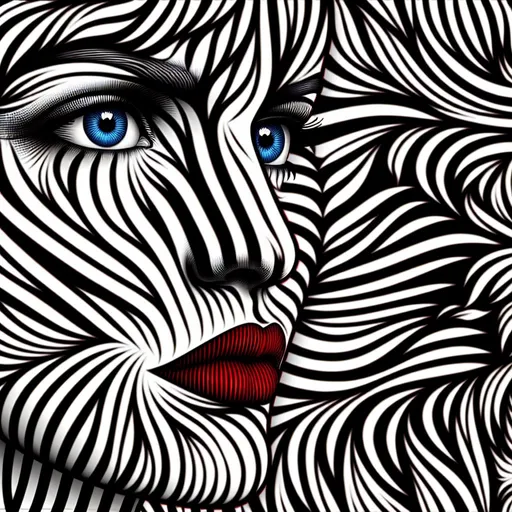 Prompt: black and white, lines like a zebra, design, background, best quality, the facial portrait of a woman is integrated into the lines, it also consists of black and white lines. Only her beautiful blue eyes, red lips and short shaggy blue hair are shown in detail in color