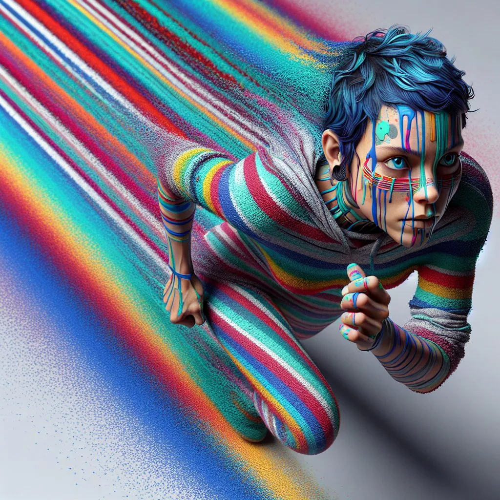 Prompt: A realistic punk girl with a multi-colored face, the colors run vertically across the face in narrow stripes, dripping and running drops of paint over the entire face and upper body, full body portrait from above, she is running, behind her the colors dissolve into small colored clouds of dust , between the colored stripes there are white color stripes, the blue eyes and the short blue hair are realistic and very detailed