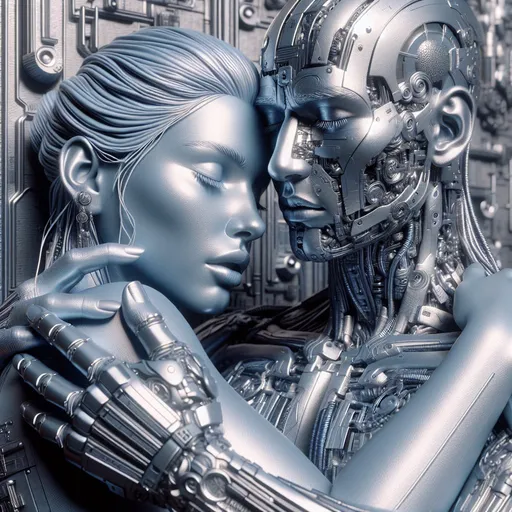 Prompt: Silver woman embracing a man, metallic background, intricate metallic details, high-quality, digital art, surreal, cool tones, emotional embrace, futuristic, detailed facial features, professional lighting, metallic textures, surrealism