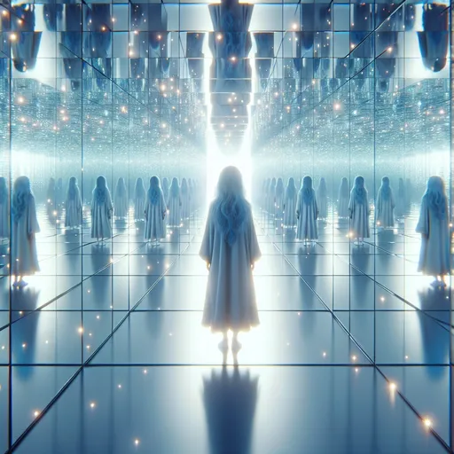 Prompt: Multiple mirrors room with a woman with blue Hair, surreal reflection, infinite perspectives, 3D rendering, haunting and ethereal, soft and diffused lighting, eerie atmosphere, high quality, surrealism, mirrors, woman in mirrors, haunting, ethereal, 3D rendering, surreal lighting, infinite reflections, surreal atmosphere