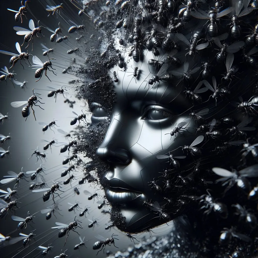 Prompt: black glowing 3D woman face evolving from grey ants, futuristic 3D rendering, metallic reflections, detailed facial features, ultra detailed,  metallic reflections, glowing, professional, mood lighting, 3D rendering,