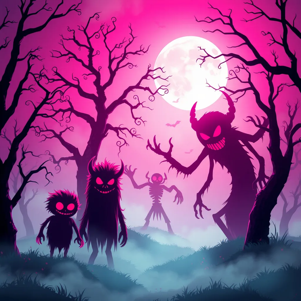 Prompt: (Halloween monsters), eerie atmosphere, spooky light background, (misty shadows), glowing moonlight, scary trees, eerie magenta  silhouettes, whimsical yet spooky, vivid colors, high detail, (unsettling atmosphere), fantastic creative design, ultra detailed depiction, spooky appeal, perfect for Halloween theme.