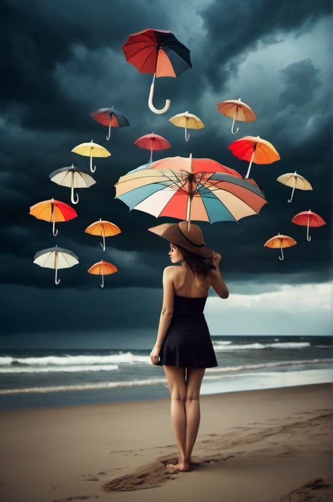 Prompt: a attractive  woman holding an umbrella on a beach with many umbrellas flying above her and a dark sky in the background, surrealism, surreal photography