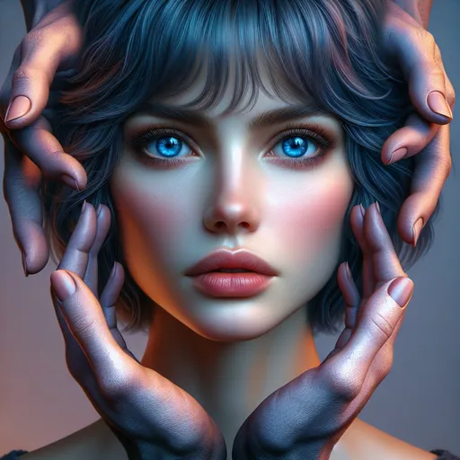 Prompt: Detailed female face, two big realistic detailed mysterious hands holding her face. Detailed loving face, short blue tousled hair, detailed blue eyes, surreal and mysterious, high resolution, complex digital art, surrealism, cool tones, dramatic lighting, detailed facial features, realistic shadows, artistic, surreal, mysterious, high quality, detailed, cool tones lighting, complex design