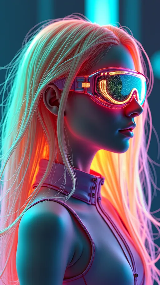 Prompt: (3D render woman), luminous multi-neon colored hair flowing in shades of green, orange, and violet, (holographic goggles shimmering with light), radiant and surreal atmosphere, sleek and modern design, vibrant lighting, high-tech surroundings, ultra-detailed, cinematic Poster quality, imaginative and captivating, emphasizing a sense of wonder and advanced technology.