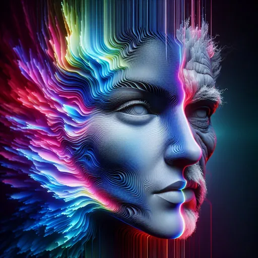 Prompt: a split woman's face emerging from a holographic liquid in sharp colors, between the two halves of the face the face of an old man can be seen in monochrome, 3D rendering, ultra-detailed, high-quality, detailed liquid simulation, intricately detailed facial features, high contrast, dramatic lighting, holographic, sharp, colored liquid sea in the background