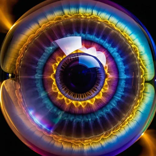 Prompt: round multicolored fluid-like transparent structures and spheres with an multicolored lightening human eye in it, very detailed exciting unique multi colored iris, realistic, high contrast, surreal perspective, optical illusion, high quality, multicolored, surreal, detailed, high contrast,surreal perspective, infinite depth, atmospheric lighting