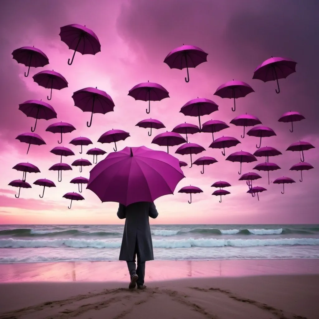 Prompt: man holding umbrella on beach, flying magenta umbrellas, multicolored sky, surrealism, surreal photography, high quality, detailed surrealism, surreal, beach, flying magenta umbrellas, dark sky, detailed man, professional photography, atmospheric lighting