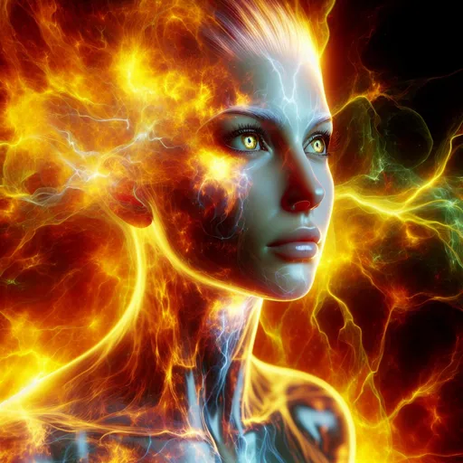 Prompt: transparent  woman body, transparent  woman head, yellow plasma background, full body,  open eyes, high quality, intense colors, ethereal, surreal, vivid, detailed features, glowing plasma, professional lighting, fiery tones, high resolution