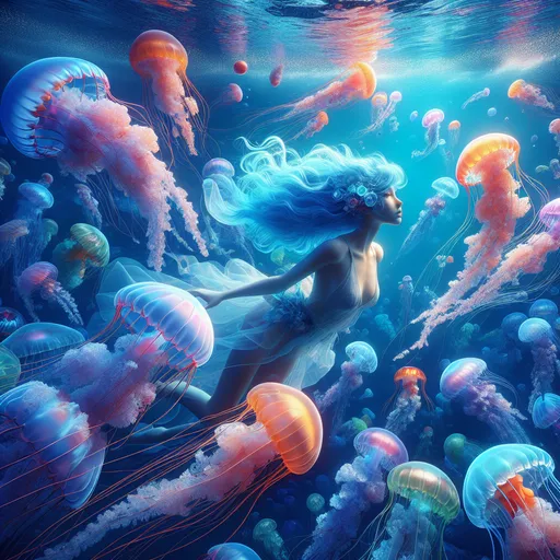 Prompt: Blue-haired woman swimming among jellyfish, vibrant underwater scene, detailed flowing hair and translucent jellyfish, high quality, vibrant colors, ethereal lighting, detailed aquatic environment,  oceanic, vibrant tones, flowing movement, professional, underwater, detailed hair, surreal lighting