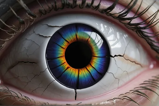 Prompt: black, cracked porcelain, a hole in the middle, the hole is the size of 1/3 of the picture. An eye can be seen from the hole, very detailed exciting unique multi colored iris, realistic, UHD, 4K, 8K, 3D rendering