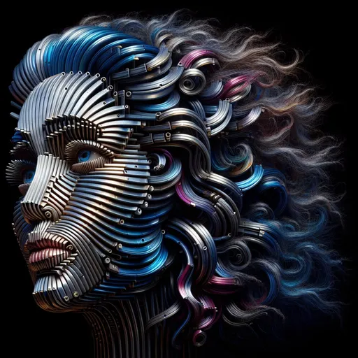 Prompt: Create a woman's head, the head consists of horizontally stacked metallic disks in different colors, only the sides of the disks can be seen. The mouth, eye and the beautiful disheveled blue hair are displayed photorealistically
