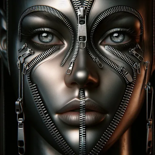 Prompt: female zipper face, all over zipper, zipper on the eyes open, surreal, high quality, digital art, metallic tones, dramatic lighting, detailed facial features, mysterious atmosphere
