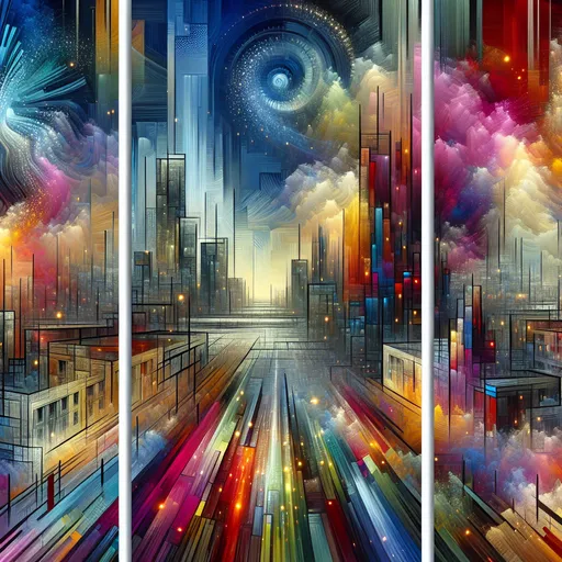 Prompt: Abstract triptych of Nantes, vibrant and dynamic mixed media, intricate details, high quality, modern art, vivid colors, energetic brushstrokes, surreal cityscape, architectural elements, historical landmarks, contemporary artistic interpretation, vibrant palette, energetic lighting, mixed media, modern art