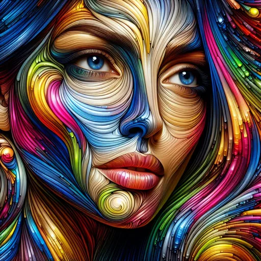 Prompt: Realistic woman's face, portrait, many bright colors over the entire face and in the background, the colors merge into each other, appear lively, lively woman's face abstract, from the front, fine shapes, realistic portrait, HDR, 8K resolution