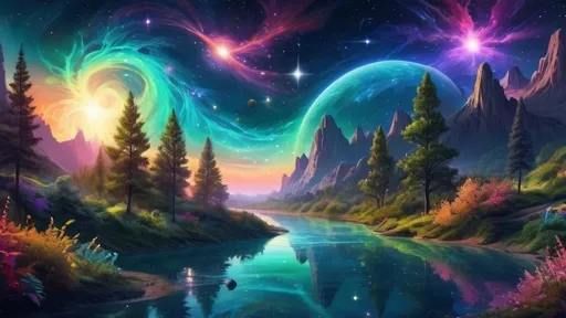 Prompt: Astral nature wallpaper, vibrant cosmic colors, surreal celestial landscape, high quality, digital art, detailed star clusters, lush greenery, flowing rivers of light, dreamy atmosphere, cosmic, nature, vibrant colors, high resolution, detailed, surreal, celestial, digital art, atmospheric lighting