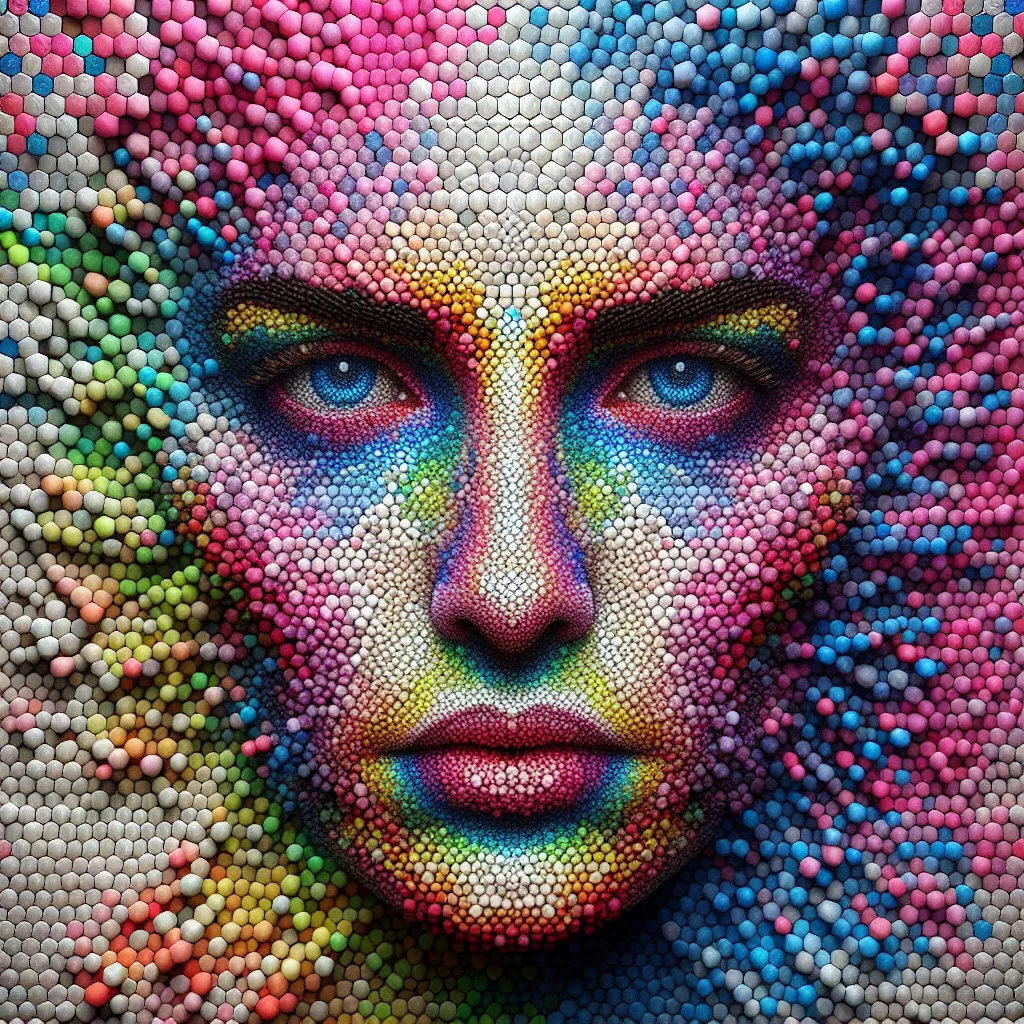 Prompt: woman's face made of very small octagonal mosaic stones, the mosaic stones have different neon colors, she looks to the front, the eyes look realistically blue and detailed, towards the back the mosaic stones dissolve and leave a cloud of dust that forms the background