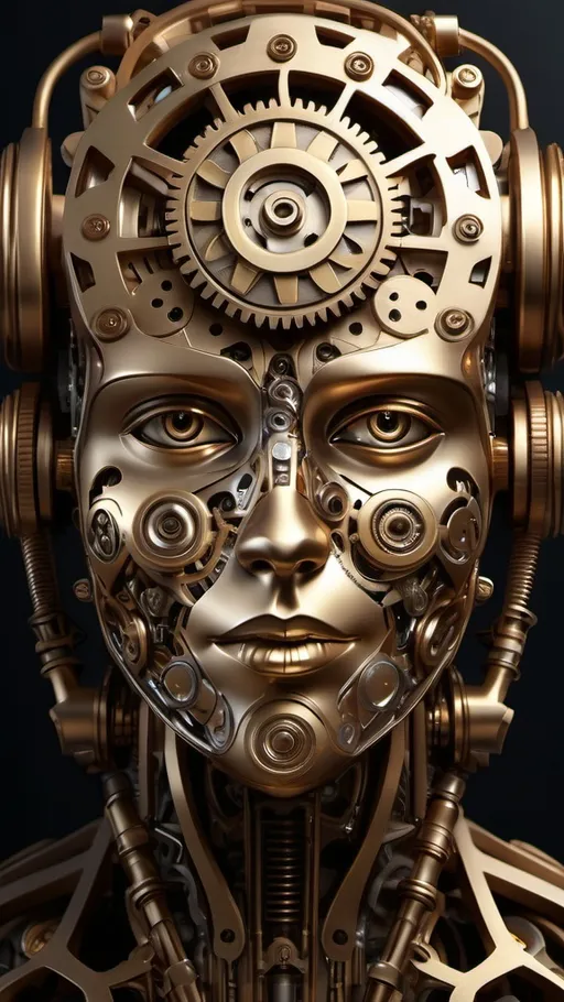 Prompt: (mechanical 3D face), intricate details, gears and springs, metallic textures, complex layering, high contrast lighting, shadows enhancing depth, warm metallic tones with brass accents, (ultra-detailed), imaginative design, futuristic technology, vivid representation, sharp focus on intricacies, dynamic composition, engaging atmosphere.